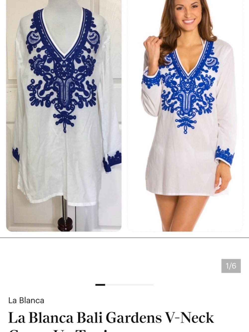 La Blanca  Cover Up White Tunic with Cobalt Blue Embroidery 100% Cotton Size: XL